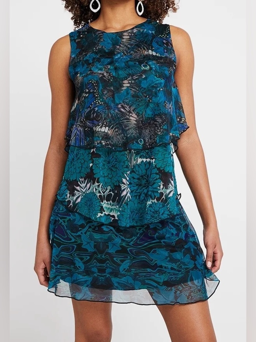 Desigual Butterfly Peacock Tiered Mesh A-Line Dress Blue Size XS